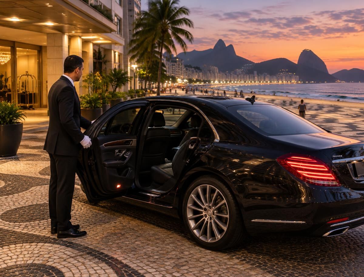 Private chauffeur opening the door of an executive car in Copacabana